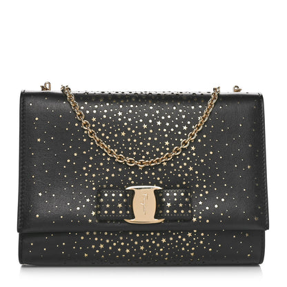 Salvatore Ferragamo Calfskin Laser Cut Mini Miss Vara Bow Chain Bag Black Gold 1 of 10