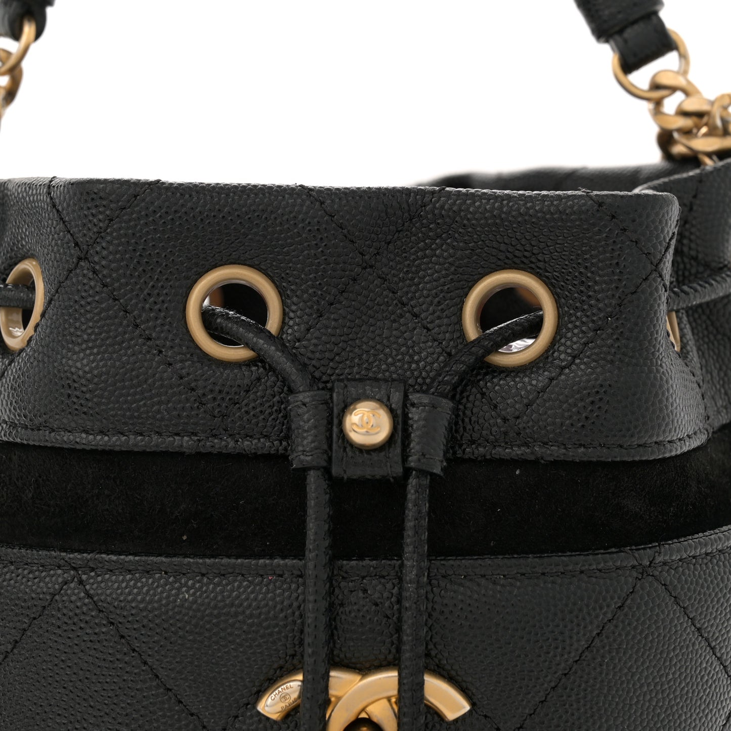 Caviar Suede Quilted Drawstring Bucket Bag Black