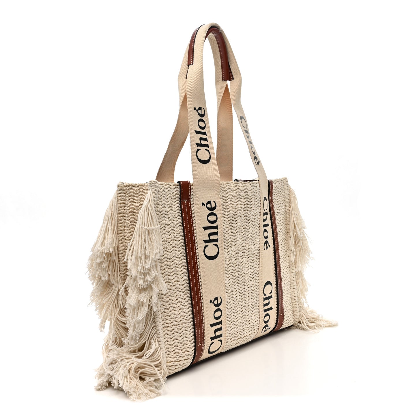 Cotton Calfskin Medium Woody Ribbon Fringe Tote Sepia Brown
