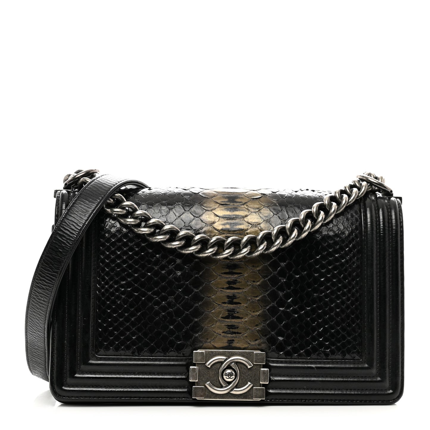 Patent Snakeskin Medium Boy Flap Black