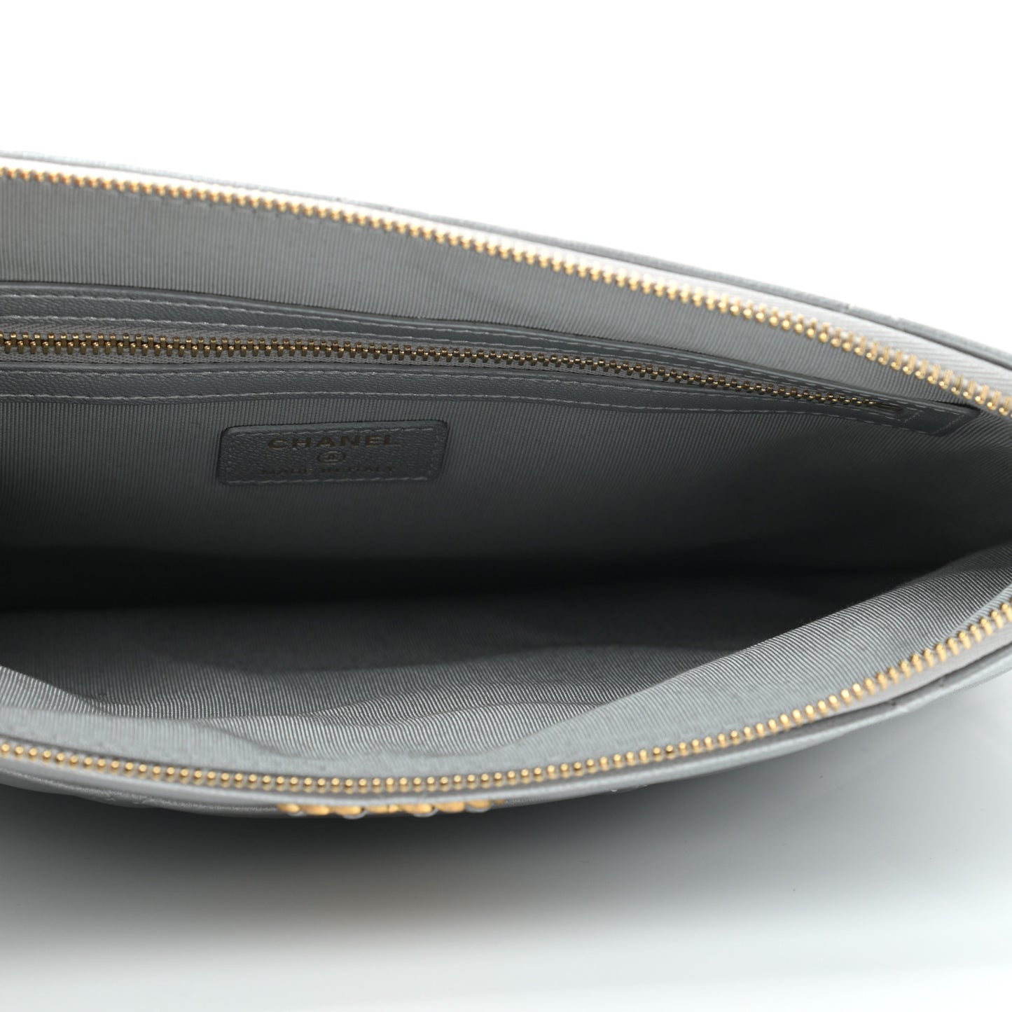 Metallic Lambskin Quilted Chanel 19 Pouch Silver