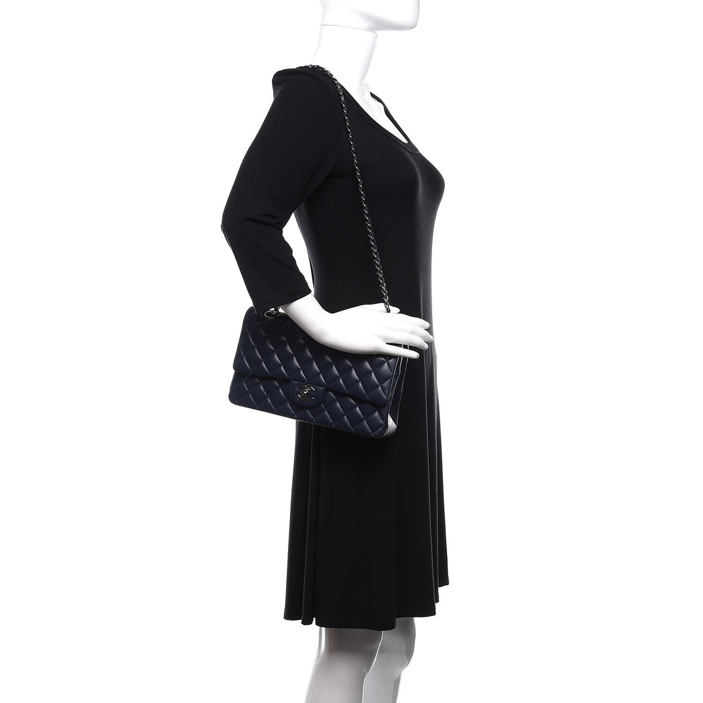 Lambskin Quilted Medium Double Flap Dark Blue