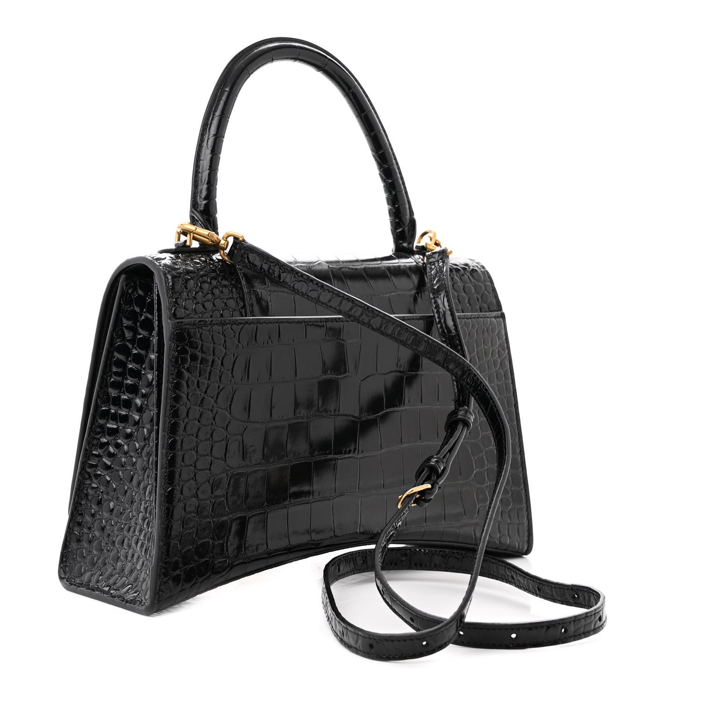 Shiny Calfskin Crocodile Embossed Medium Hourglass Top Handle Bag Black