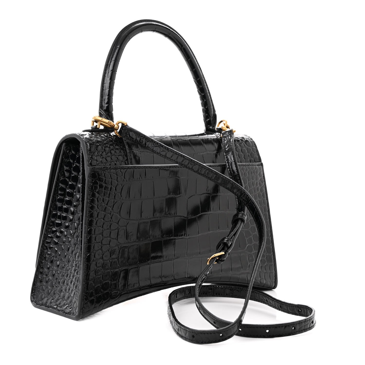 Balenciaga Shiny Calfskin Crocodile Embossed Medium Hourglass Top Handle Bag Black 3 of 13