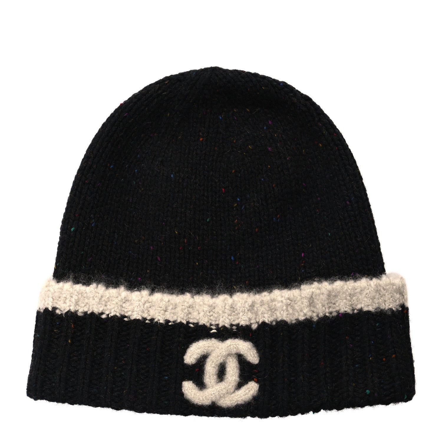 Chanel Cashmere Silk CC Beanie Hat Black Ecru 1 of 5