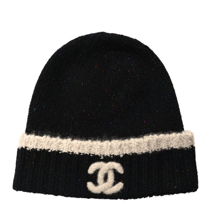 Chanel Cashmere Silk CC Beanie Hat Black Ecru 1 of 5
