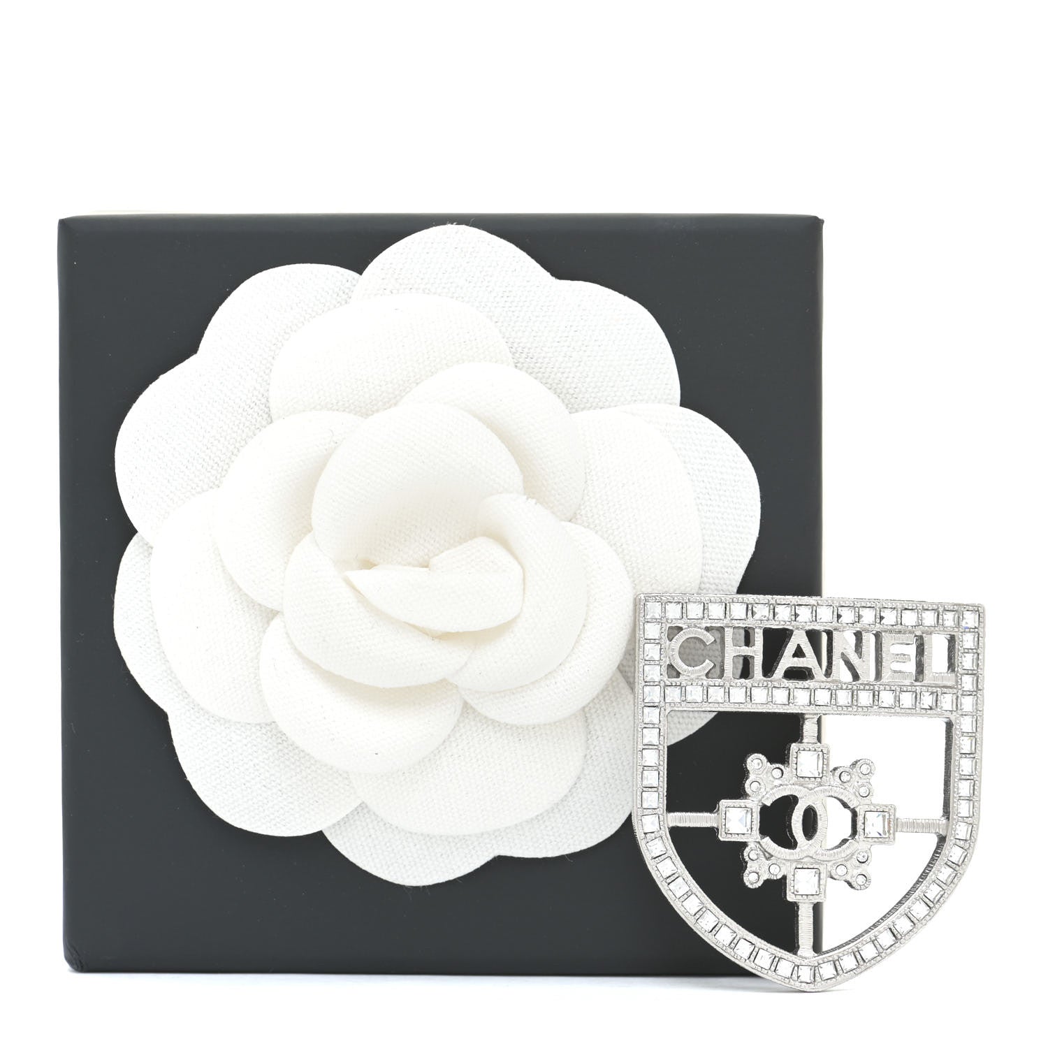 Chanel Swarovski Baguette Crystal CC Shield Brooch Silver 6 of 6