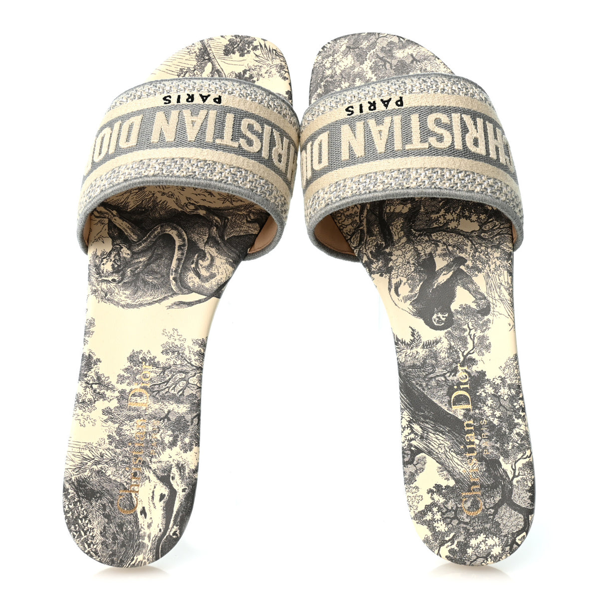 Christian Dior Canvas Toile De Jouy Embroidered Dway Flat Slide Sandals 37.5 Light Grey 6 of 10