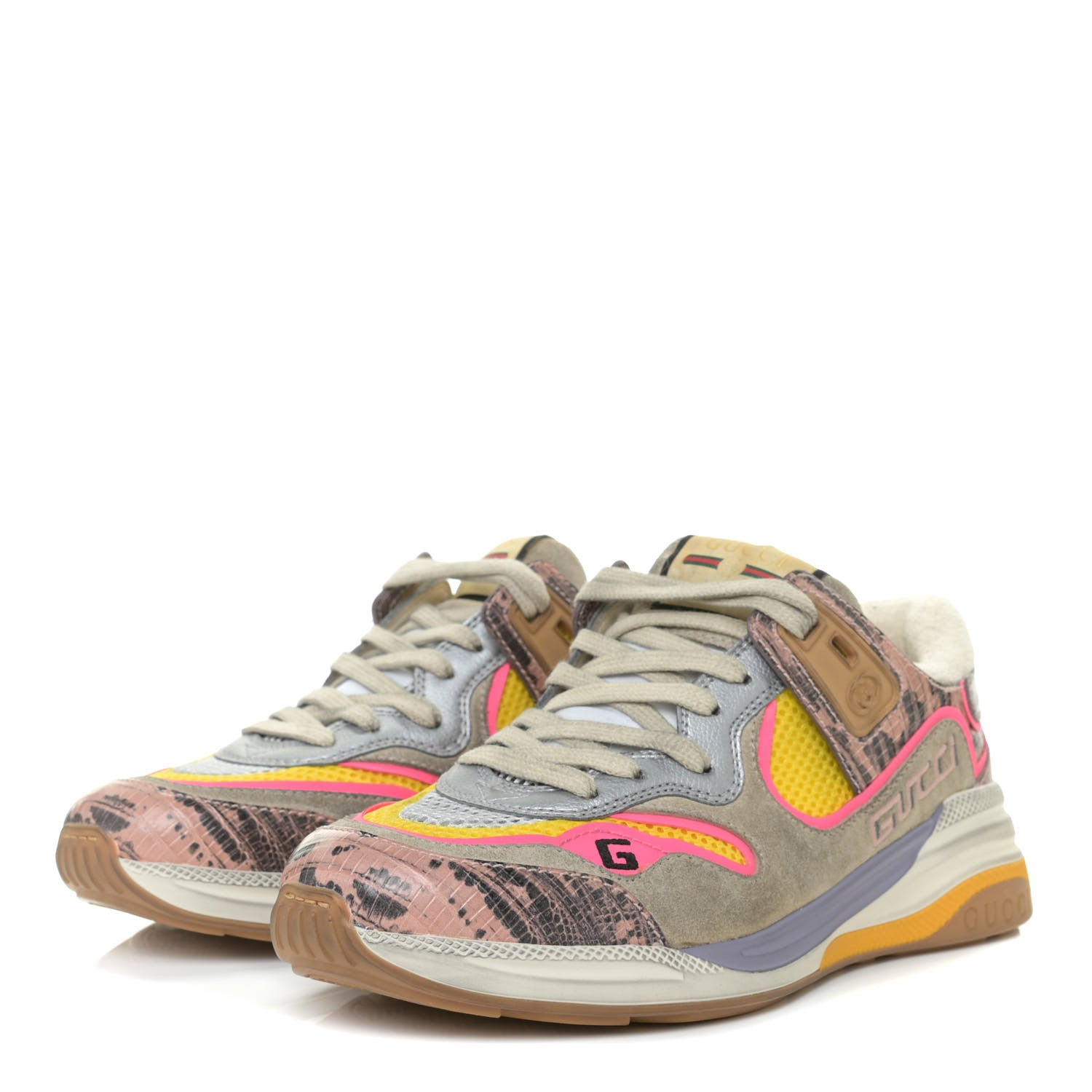Gucci Suede Calfskin Tejus Printed Womens Ultrapace Sneakers 36 Pink Silver Oatmeal Yolk 2 of 11