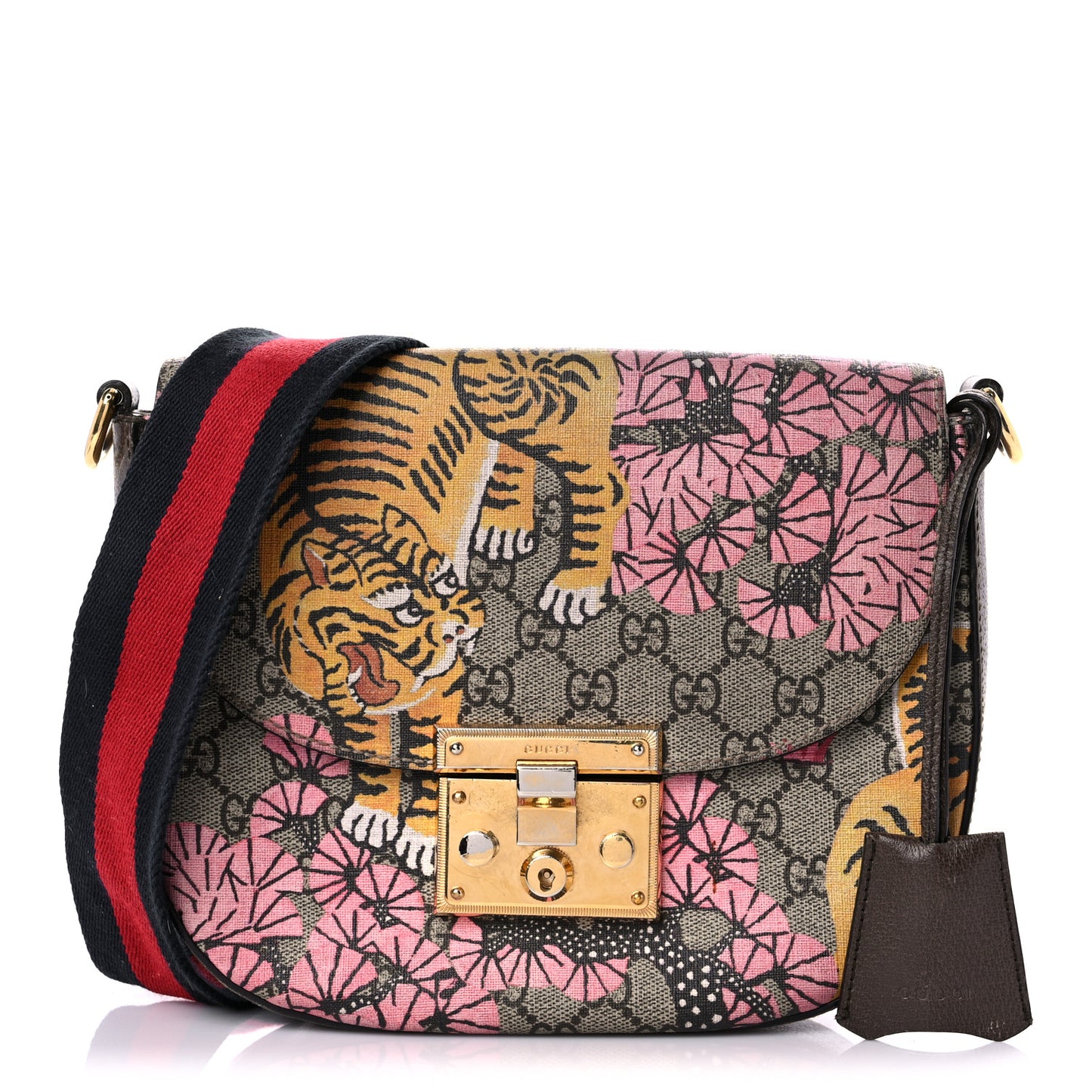GG Supreme Monogram Bengal Web Medium Padlock Messenger Shoulder Bag Beige Pink