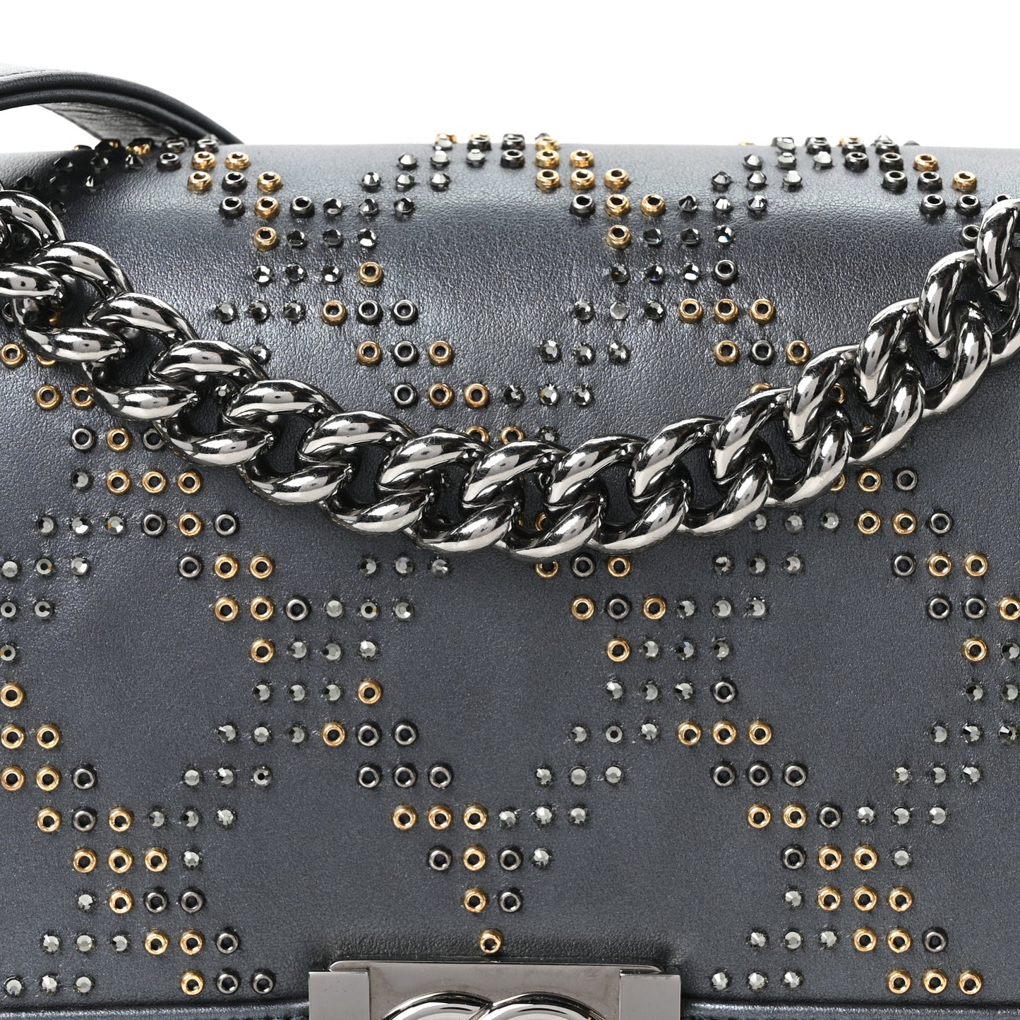 Metallic Calfskin Crystal Medium Boy Flap Dark Silver