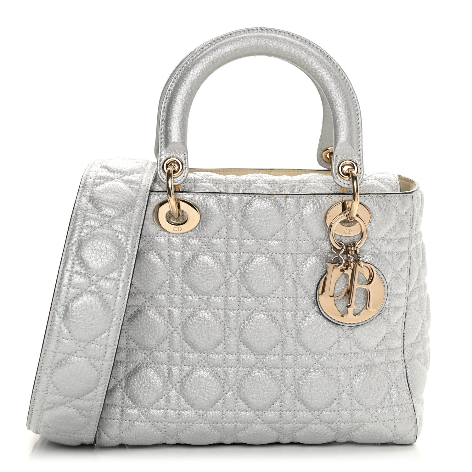 Christian Dior Metallic Grained Calfskin Cannage Medium Supple Lady Dior Silver 1 of 20