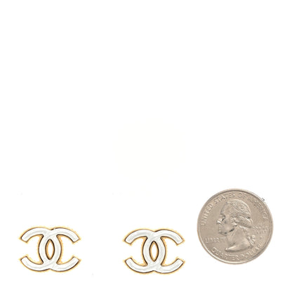Chanel Metal Enamel CC Earrings Gold White 2 of 5