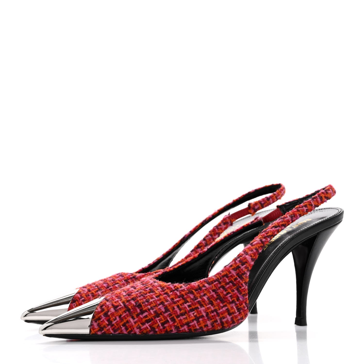 Saint Laurent Tweed Cap Toe Vesper Slingback Pumps 37 Pink 4 of 13