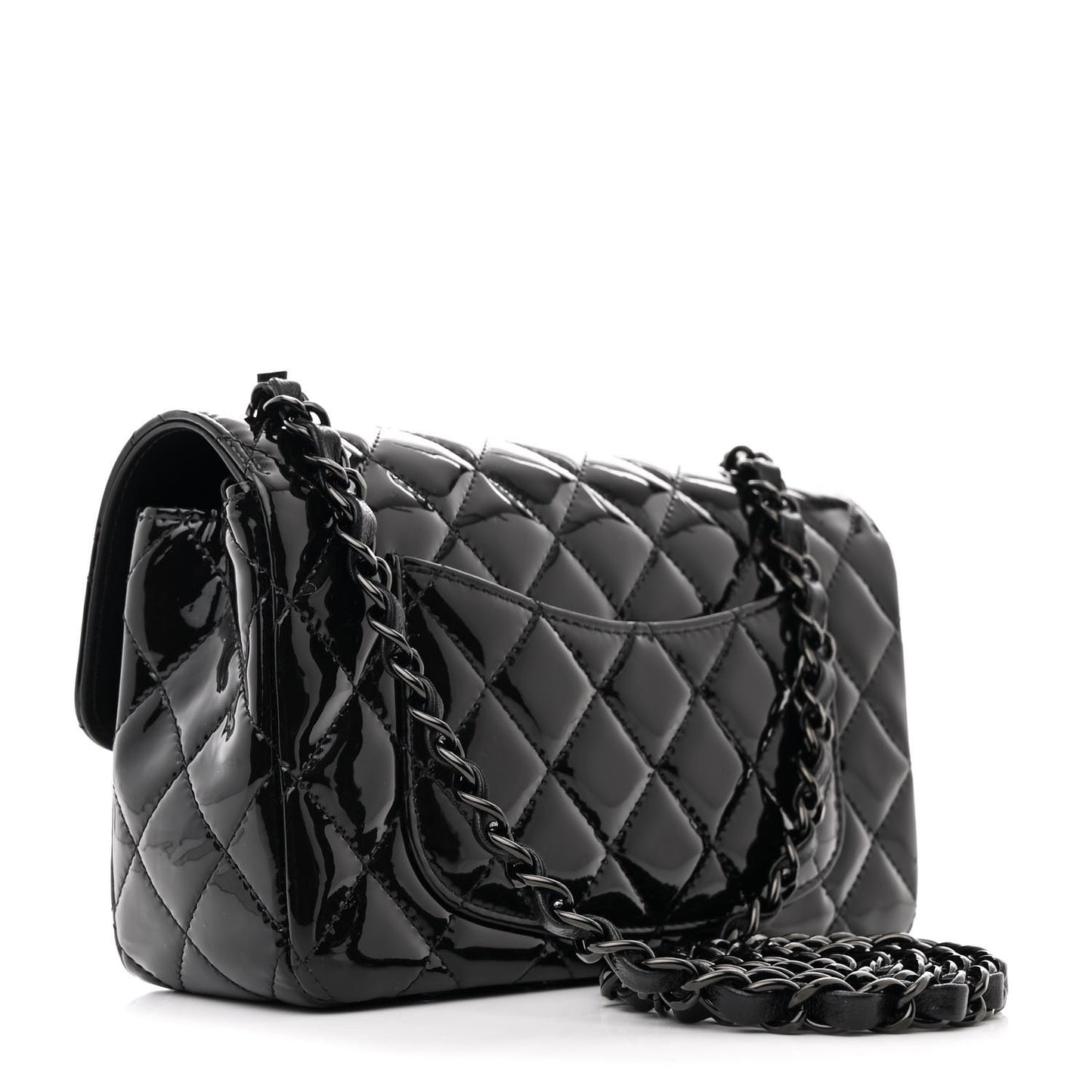 Patent Calfskin Quilted Mini Rectangular Flap So Black