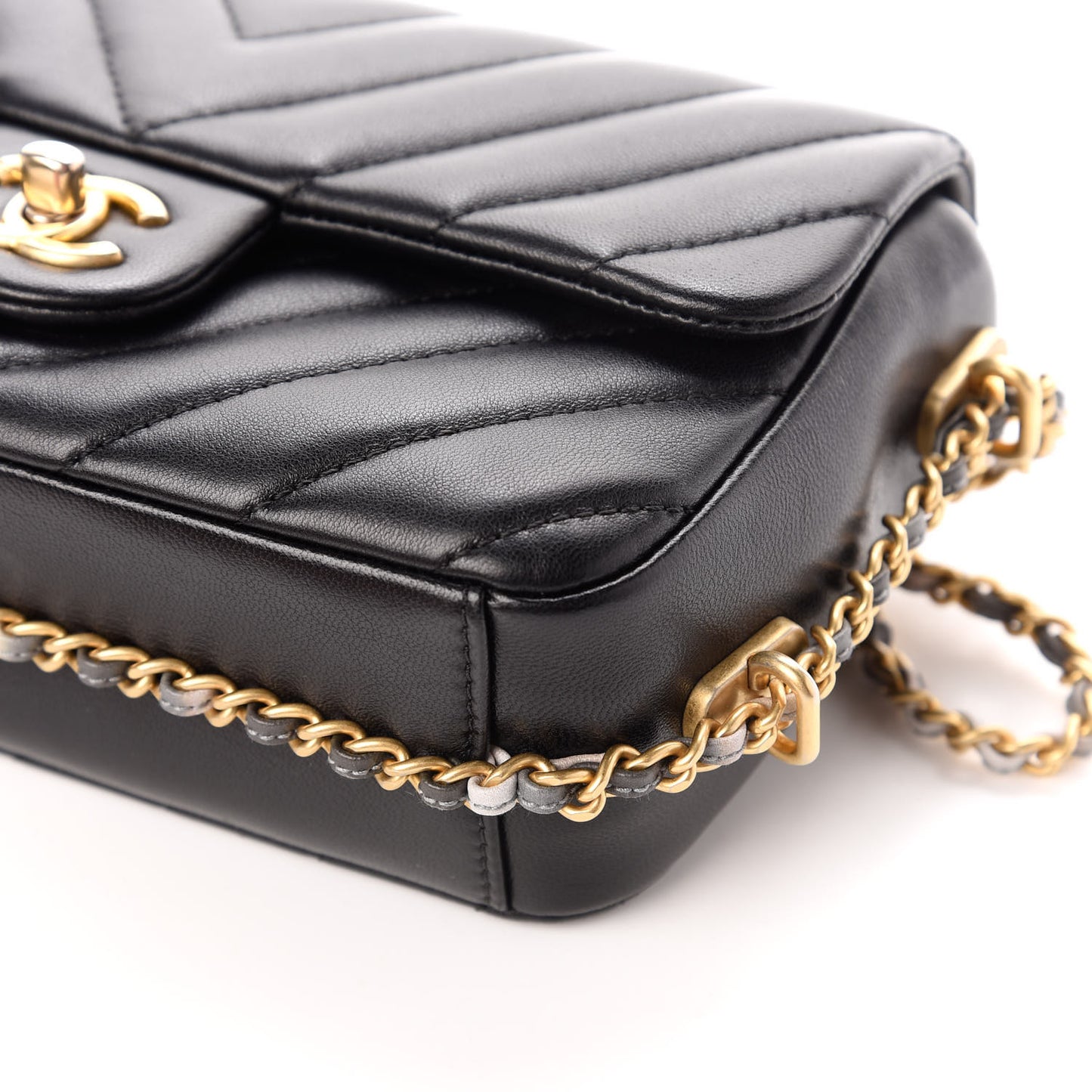 Lambskin Chevron Quilted Chain Around Mini Rectangular Flap Black