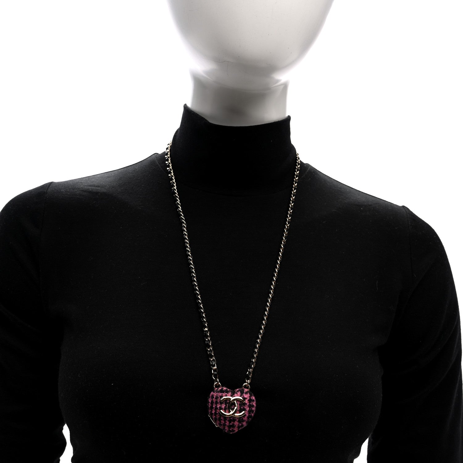 Chanel Lambskin Tweed CC Locket Pendant Necklace Black Pink Gold 2 of 6