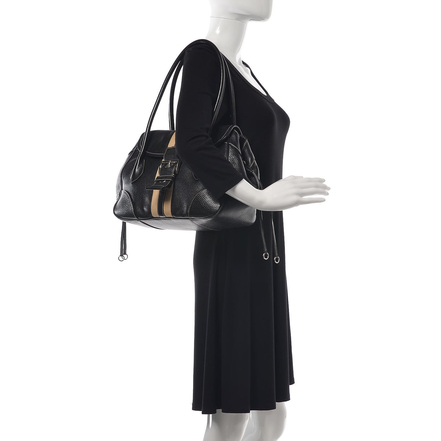 Vitello Daino Stripe Shoulder Bag Black