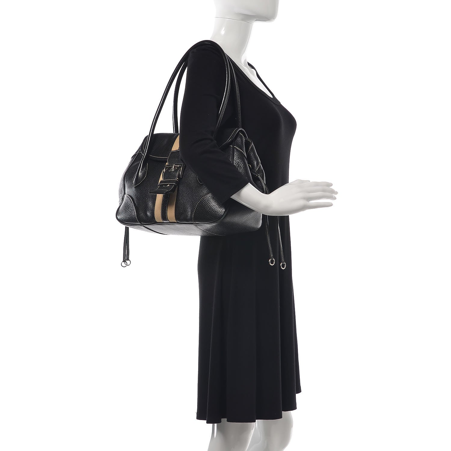 Prada Vitello Daino Stripe Shoulder Bag Black 2 of 15
