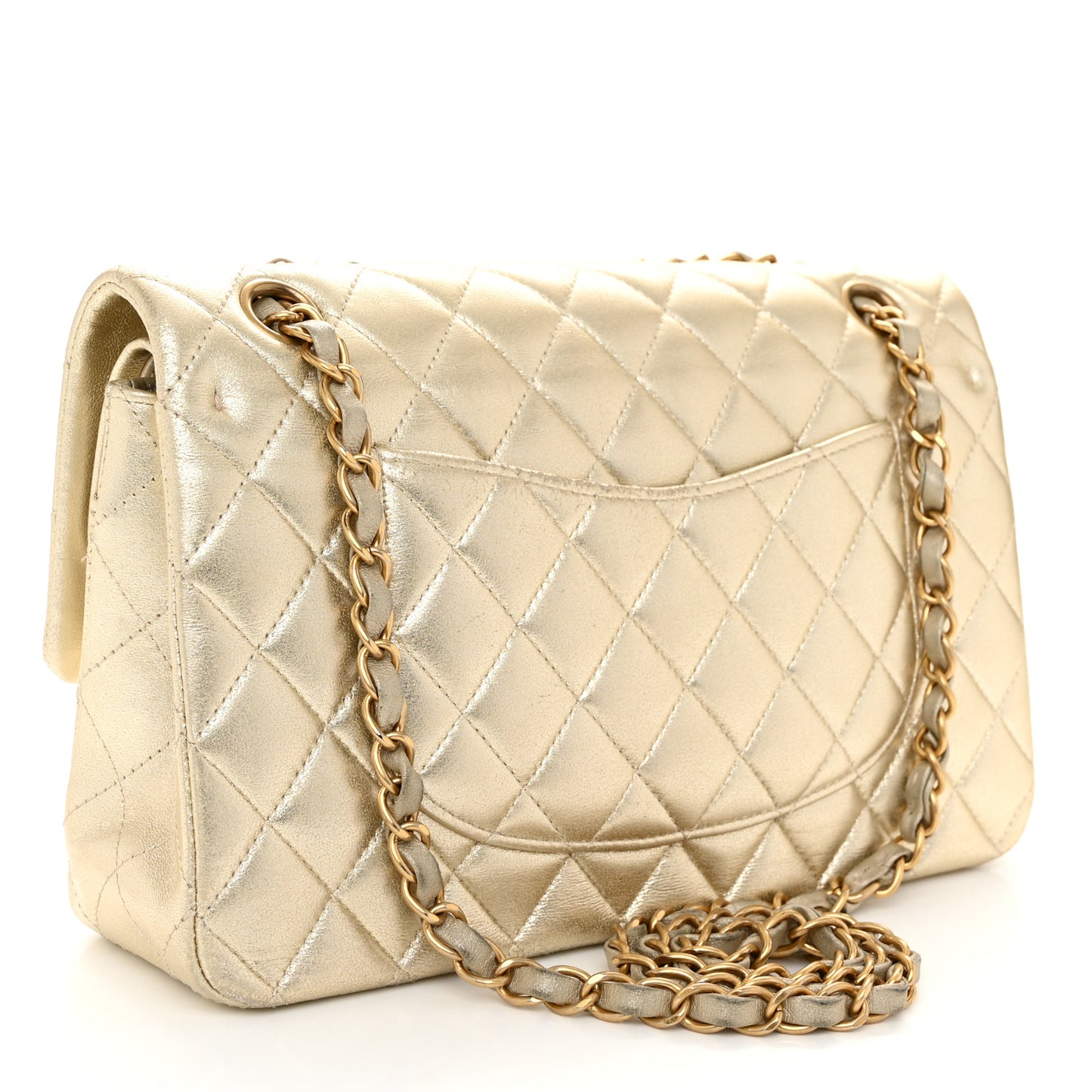 Metallic Lambskin Quilted Medium Double Flap Gold