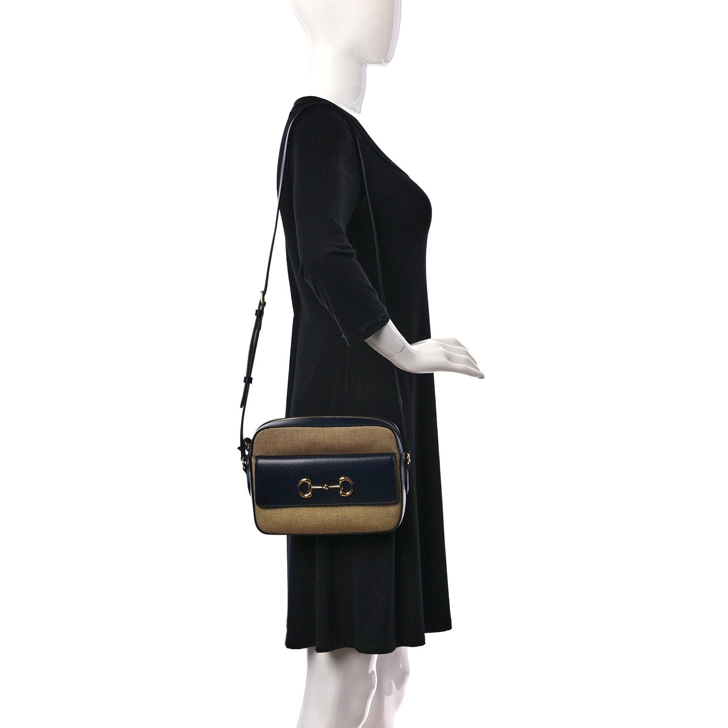 Vintage Rice Canvas Azalea Calfskin Small Horsebit 1955 Shoulder Bag Beige Blue
