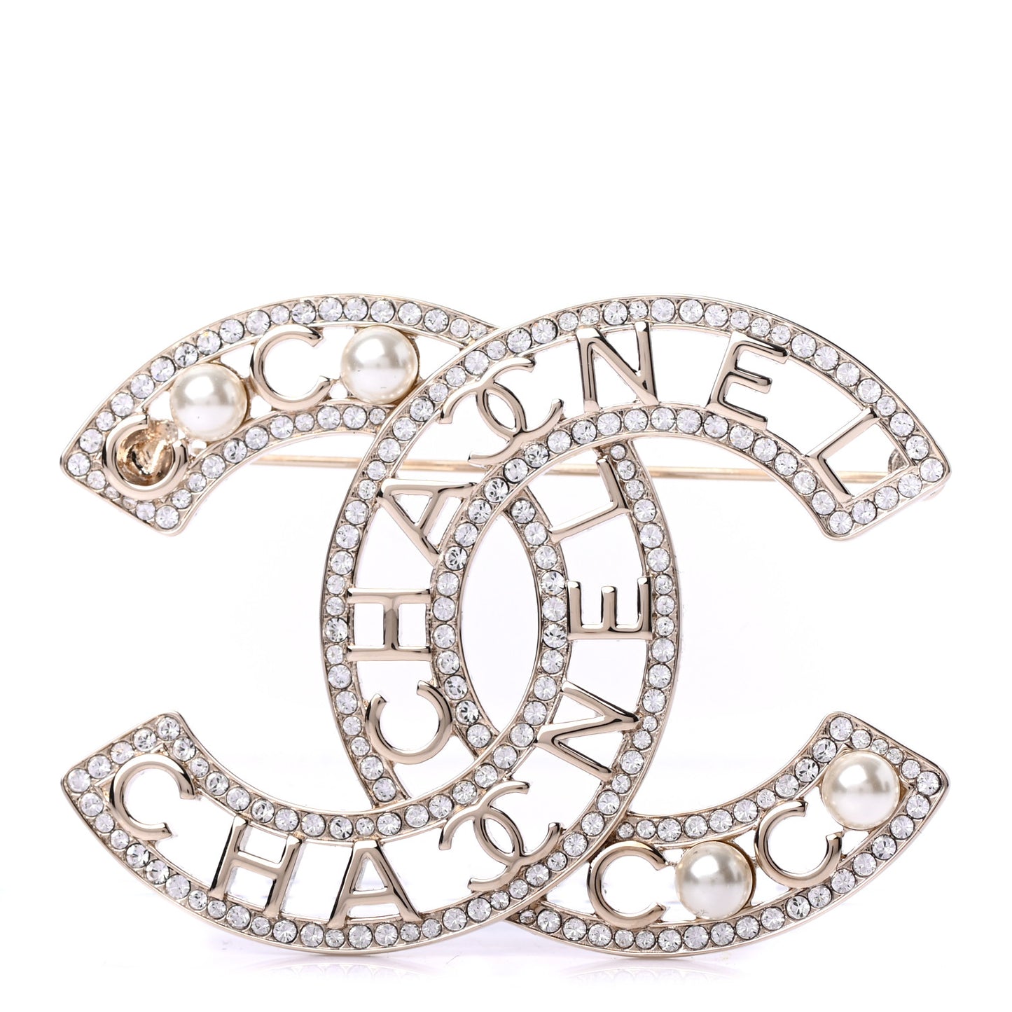 Crystal Pearl Coco CC Logo Brooch Gold