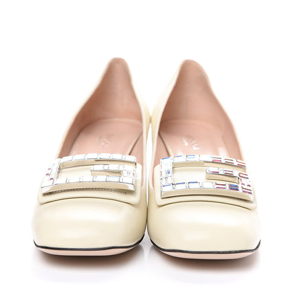 Gucci Malaga Kid Crystal Square G Madelyn Mid Heel Loafer Pumps 38 Ivory 2 of 10