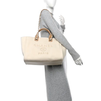 Chanel Canvas Pearl Medium Deauville Tote Ecru Beige 2 of 10