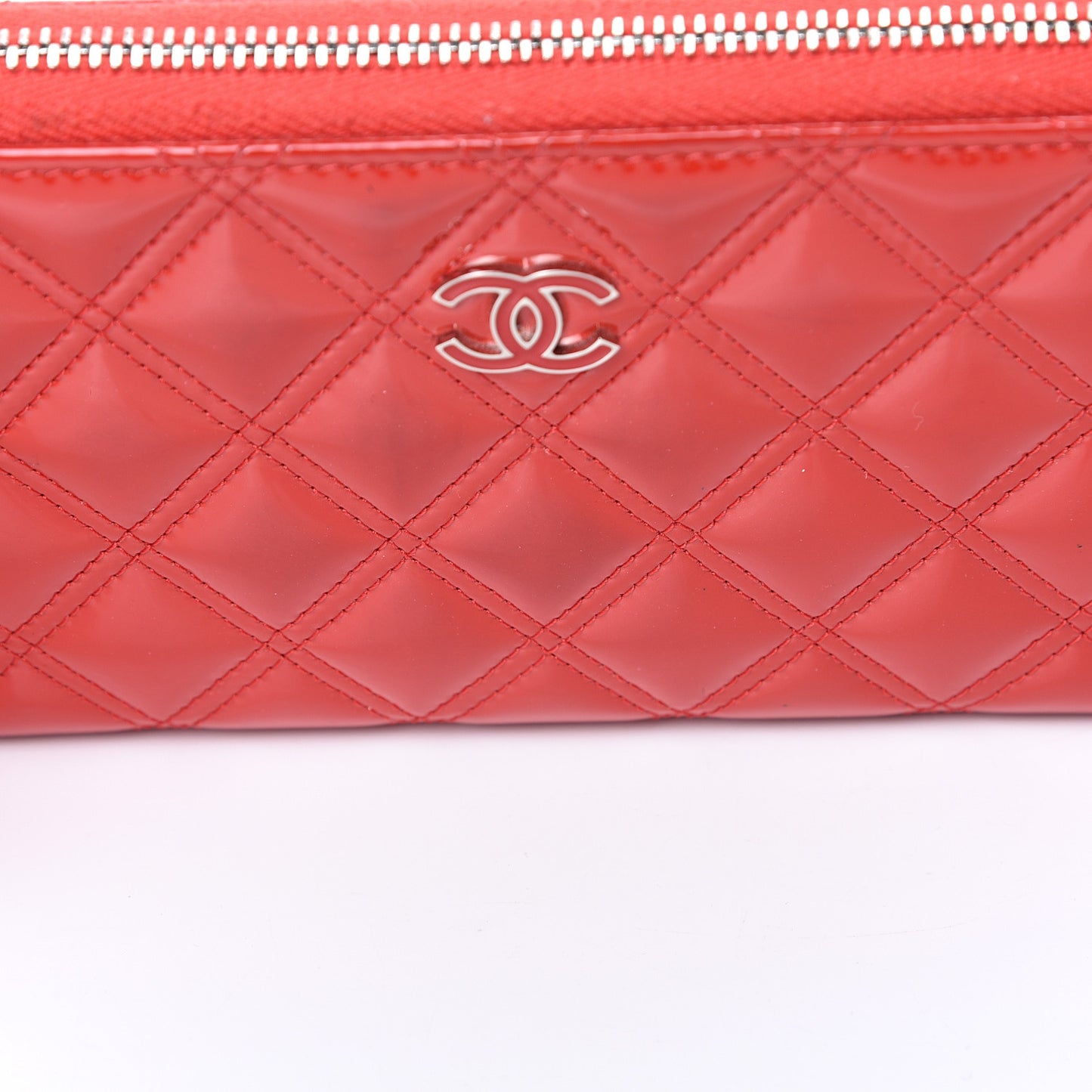 Patent Quilted Double Stitched Zip Around Wallet Red