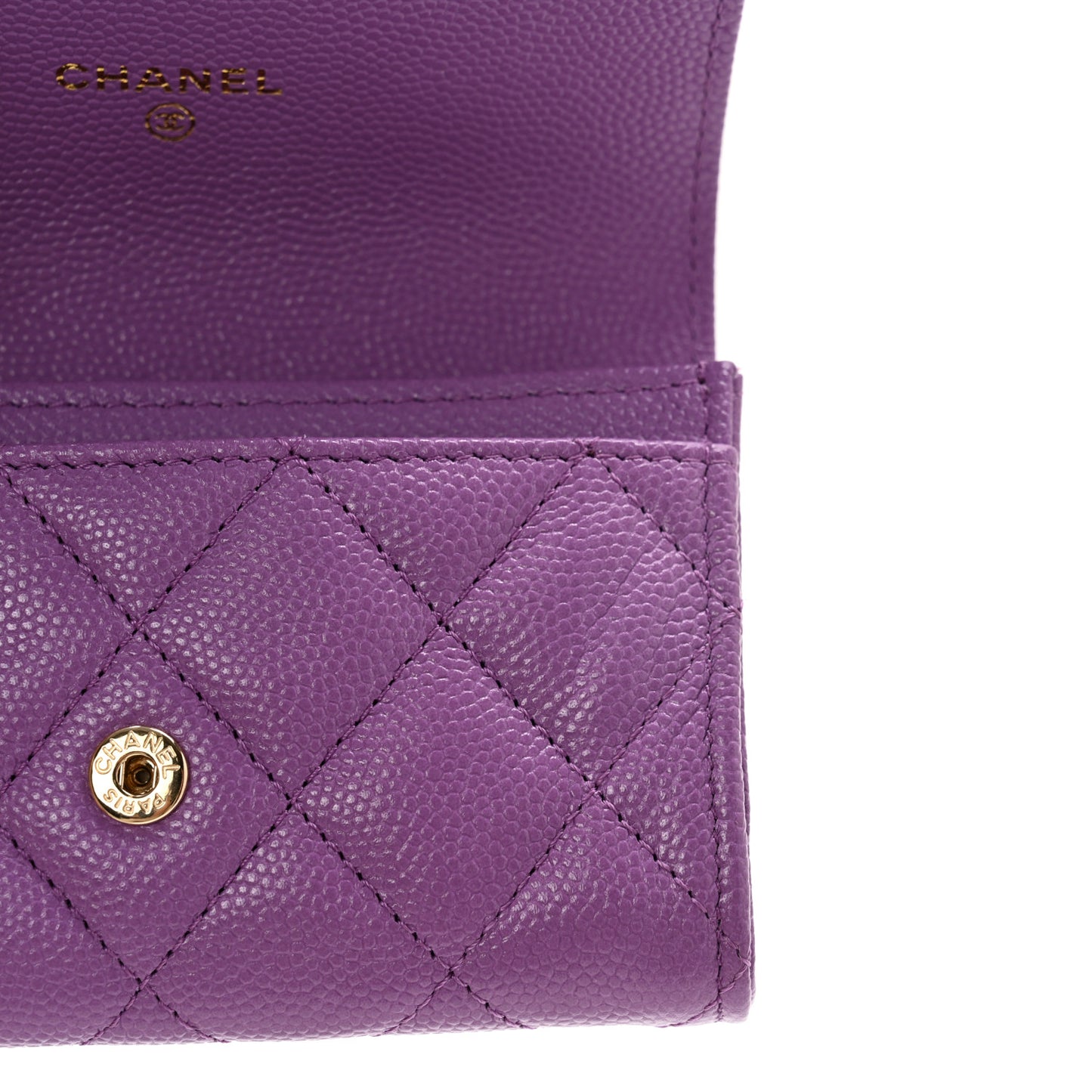 Caviar Quilted Flap Card Holder Wallet Purple