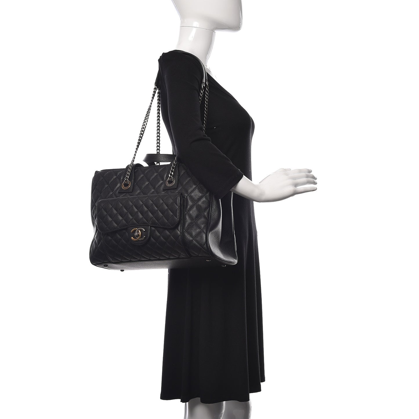 Grained Calfskin Quilted Large Casual Pocket Tote Black