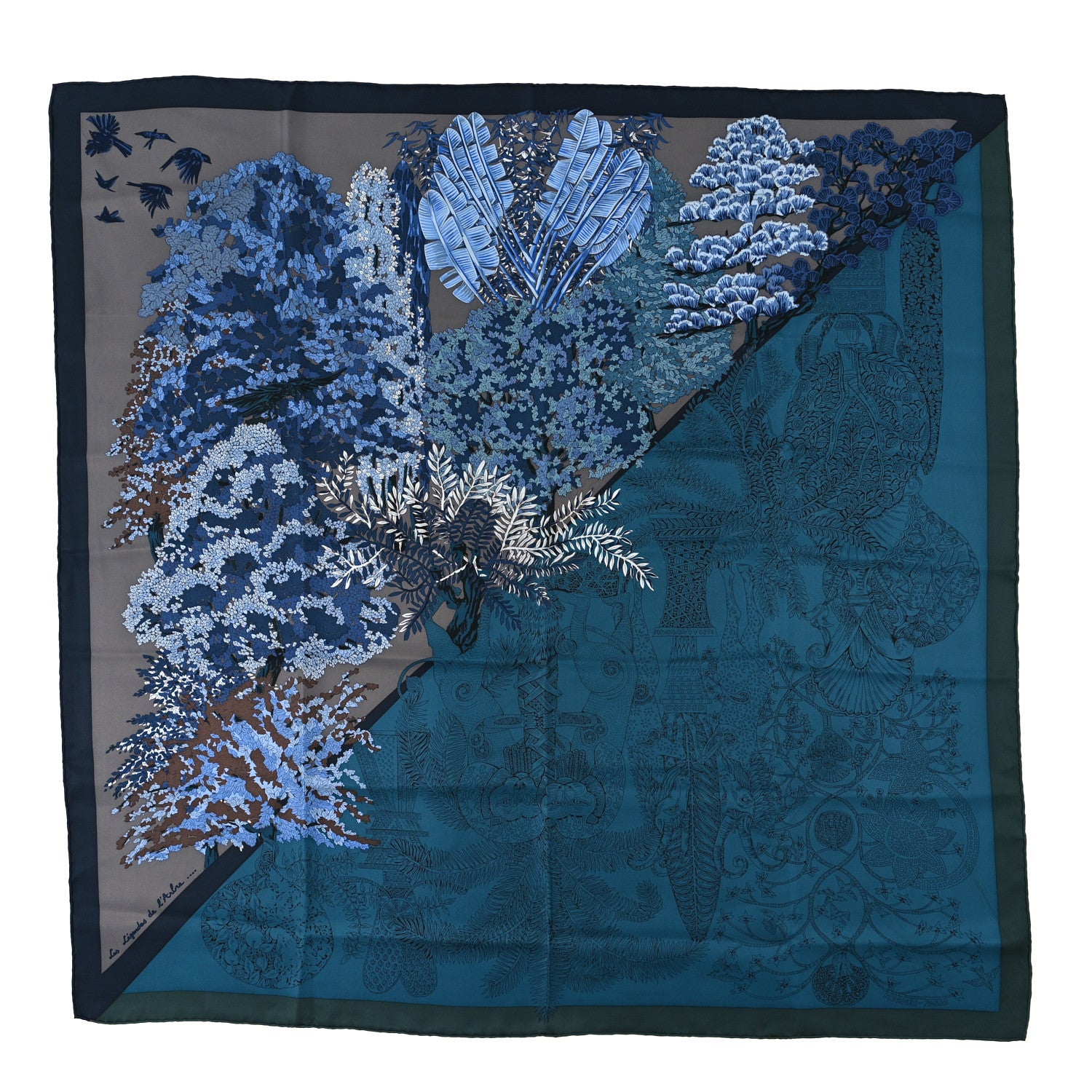 Hermes Silk Les Legendes de l'Arbre Scarf 90 Petrole Gris Acier 1 of 3
