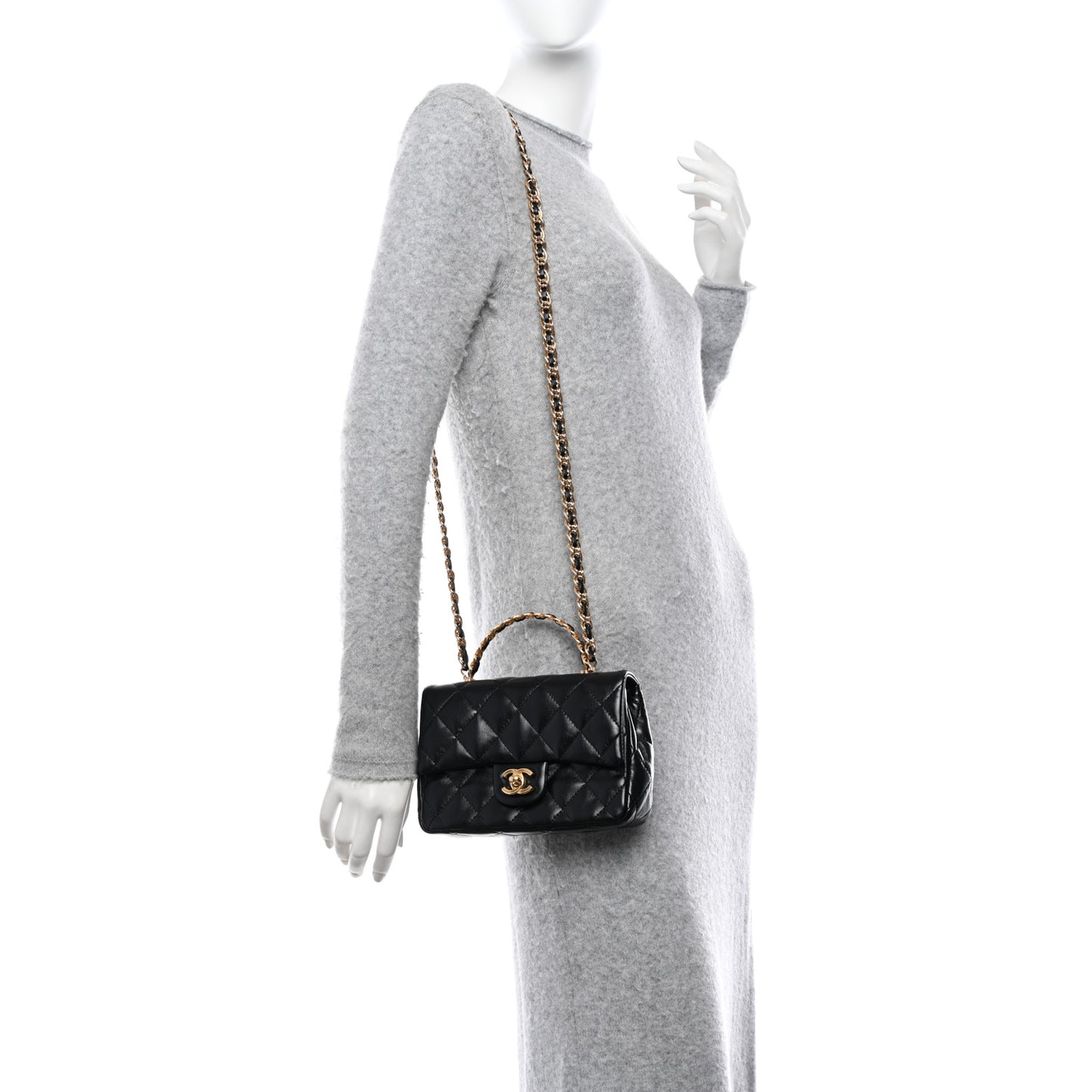 Shiny Lambskin Quilted Golden Links Top Handle Flap Black