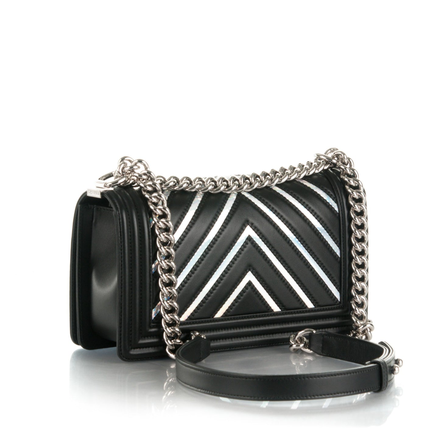 Lambskin Iridescent PVC Chevron Quilted Medium Boy Flap Black Silver