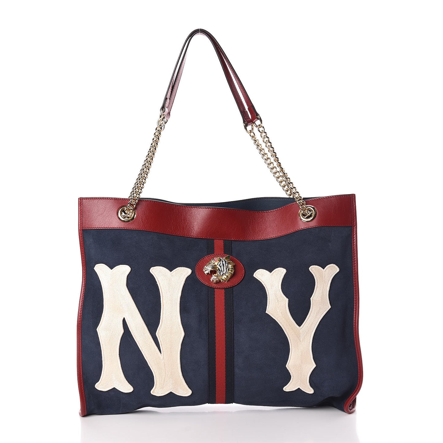 X MLB Suede Calfskin NY Yankees Large Rajah Chain Tote New Blue Romantic Cherry