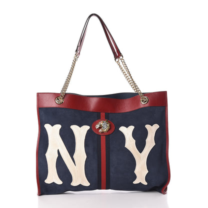 Gucci X MLB Suede Calfskin NY Yankees Large Rajah Chain Tote New Blue Romantic Cherry 3 of 10