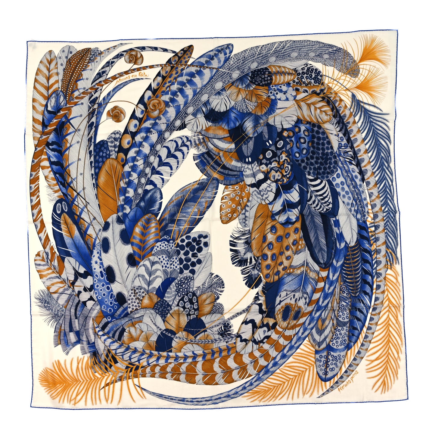 Cashmere Silk Plumes En Fete Shawl 140 White Bleu Gold