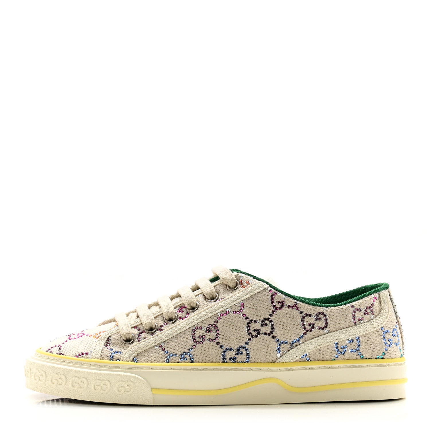 Gucci Canvas Lame Crystal GG Monogram Womens 1977 Tennis Sneakers 37 Gardenia Silver Mystic White 1 of 10