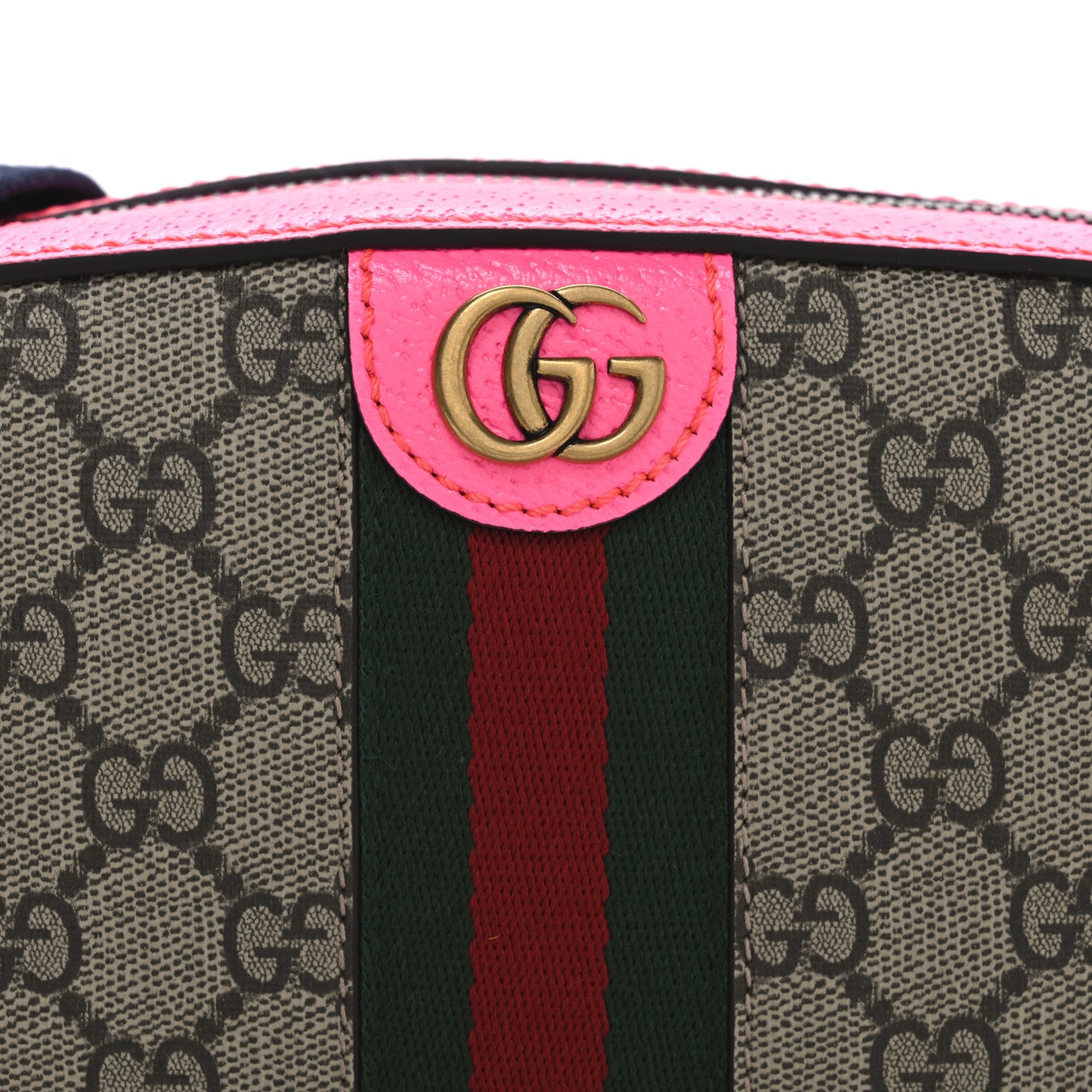 GG Supreme Monogram Textured Dollar Calfskin Web Ophidia Small Crossbody Bag Beige Ebony Fuchsia