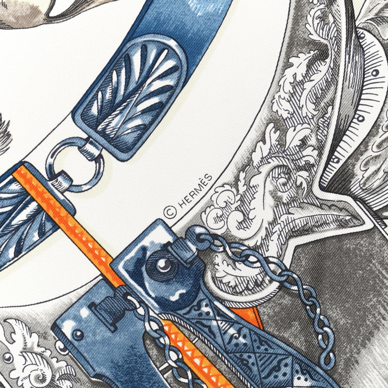 Hermes Silk Cavalcades Scarf 90 White Bleu Jean Vert 4 of 6