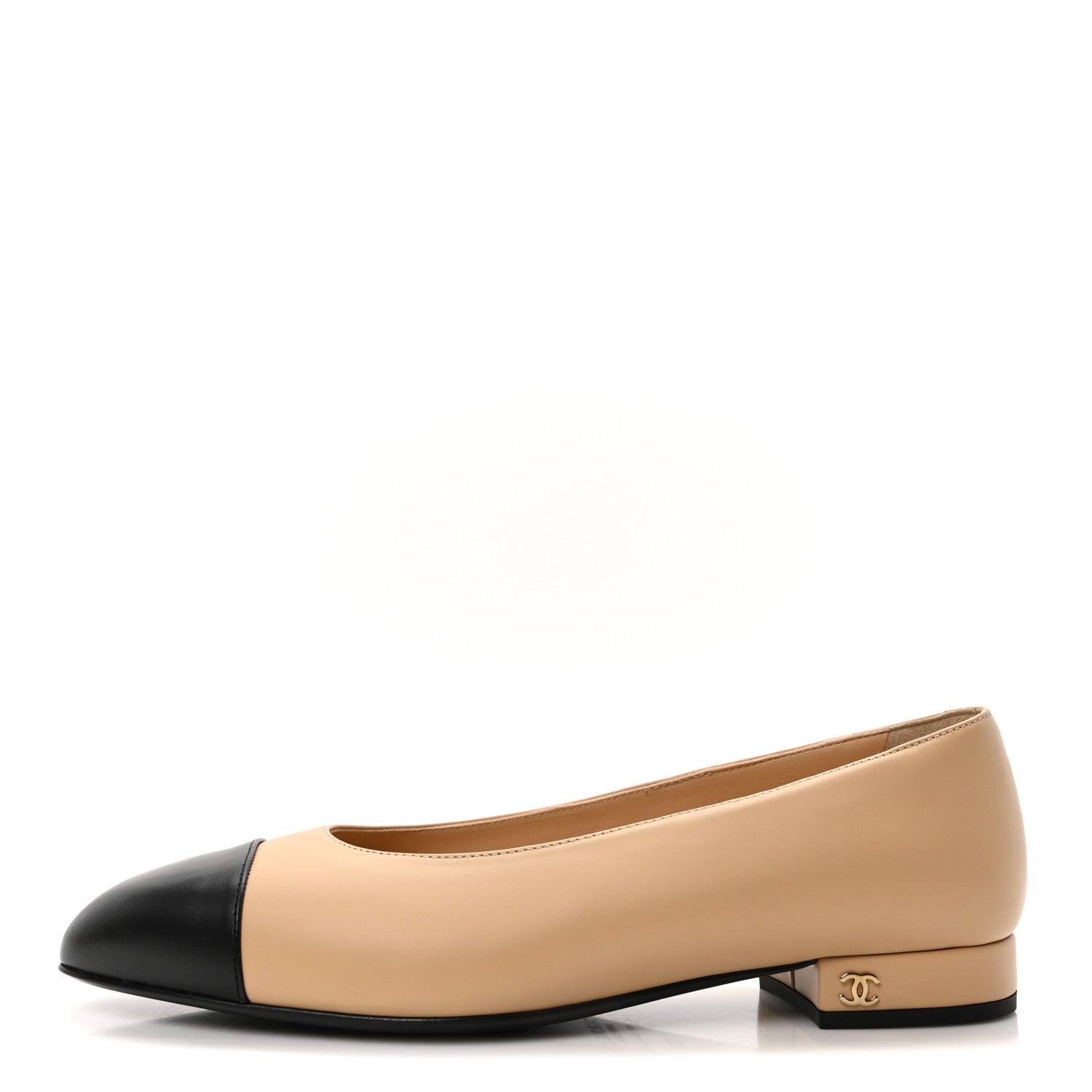 Chanel Lambskin Cap Toe CC Uniform Ballerina Flats 37.5 Beige Black 1 of 8