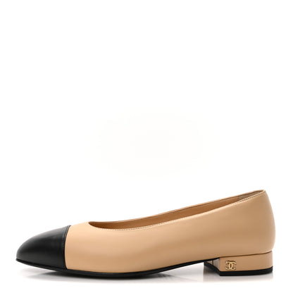 Chanel Lambskin Cap Toe CC Uniform Ballerina Flats 37.5 Beige Black 1 of 8