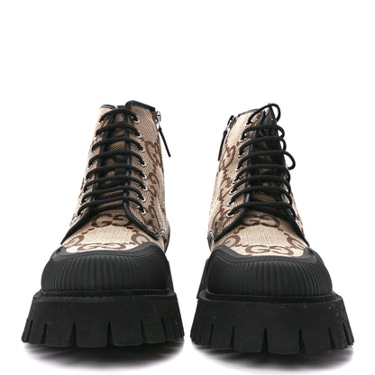 Gucci Monogram Jumbo GG Miro Soft Calfskin Mens Lace Up Combat Boots 9 Camel Ebony Black 2 of 9