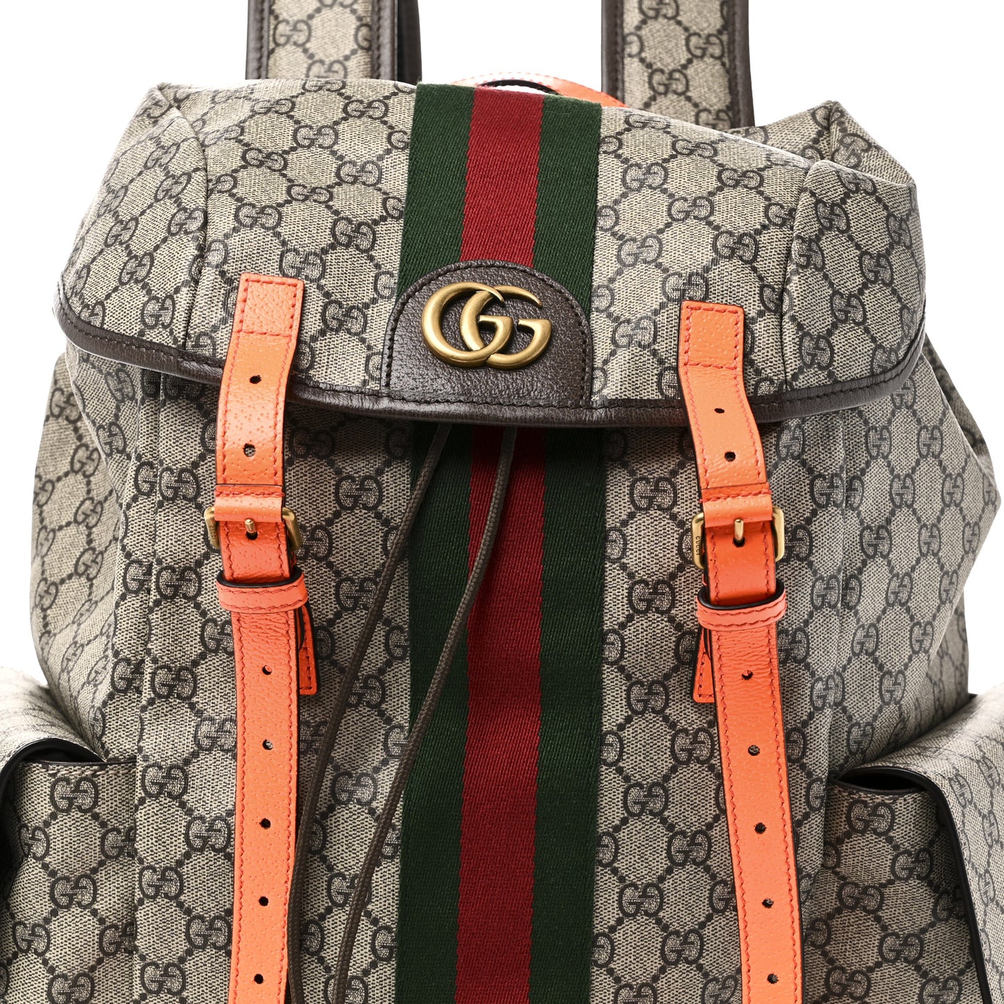 GG Supreme Monogram Medium Ophidia Double Buckle Backpack Beige Ebony Neon Orange