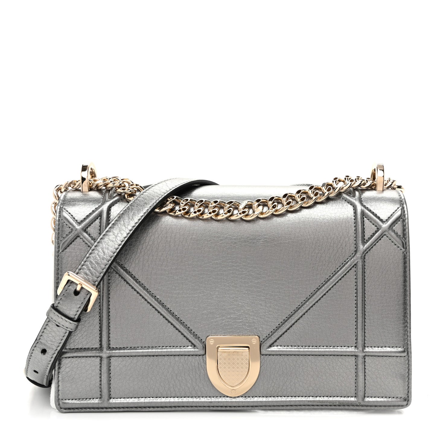 Metallic Grained Calfskin Medium Diorama Flap Bag Steel
