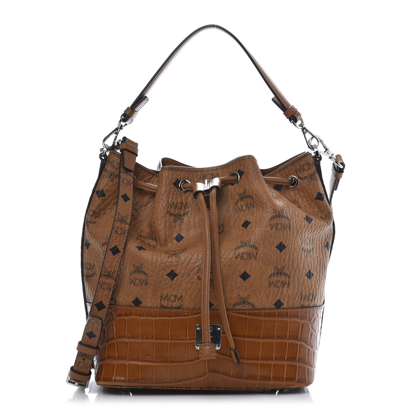 Visetos Crocodile Embossed Geonautic Bucket Bag Cognac