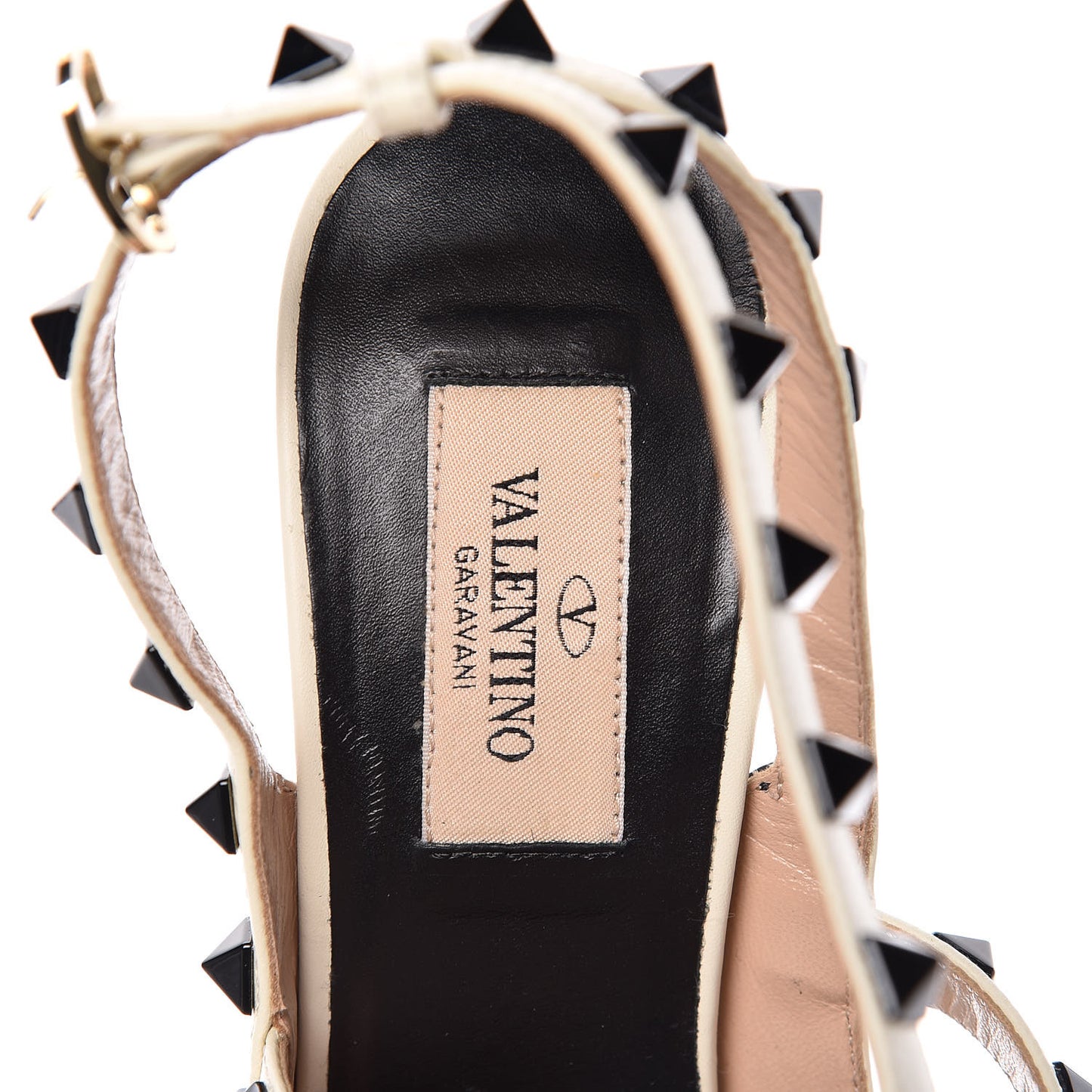 Calfskin Rockstud Ankle Strap 100mm Pumps 37.5 Black Light Ivory