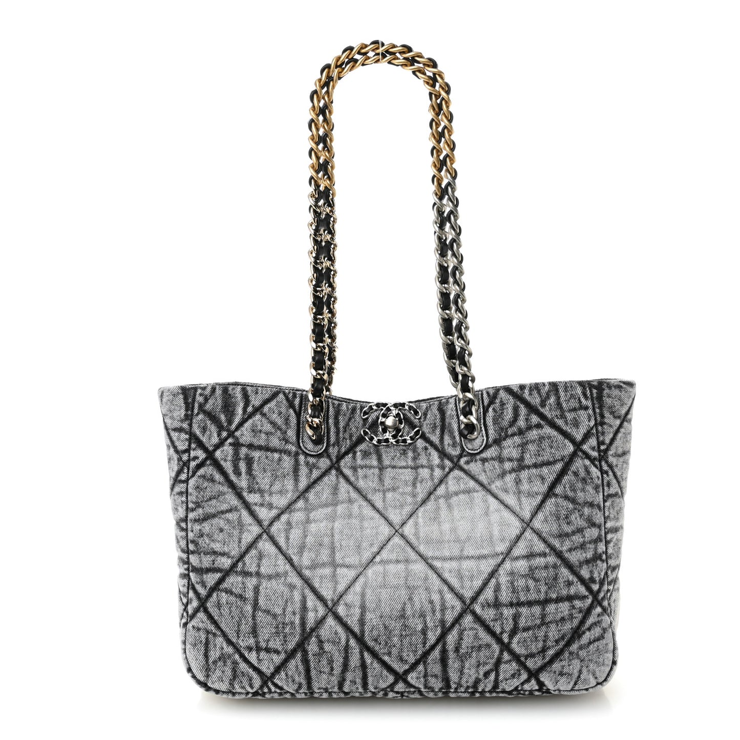 Washed Denim Quilted Chanel 19 East West Shopping Bag Black White