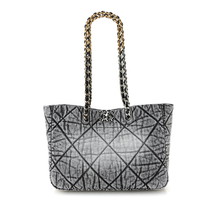 Chanel Washed Denim Quilted Chanel 19 East West Shopping Bag Black White 1 of 10