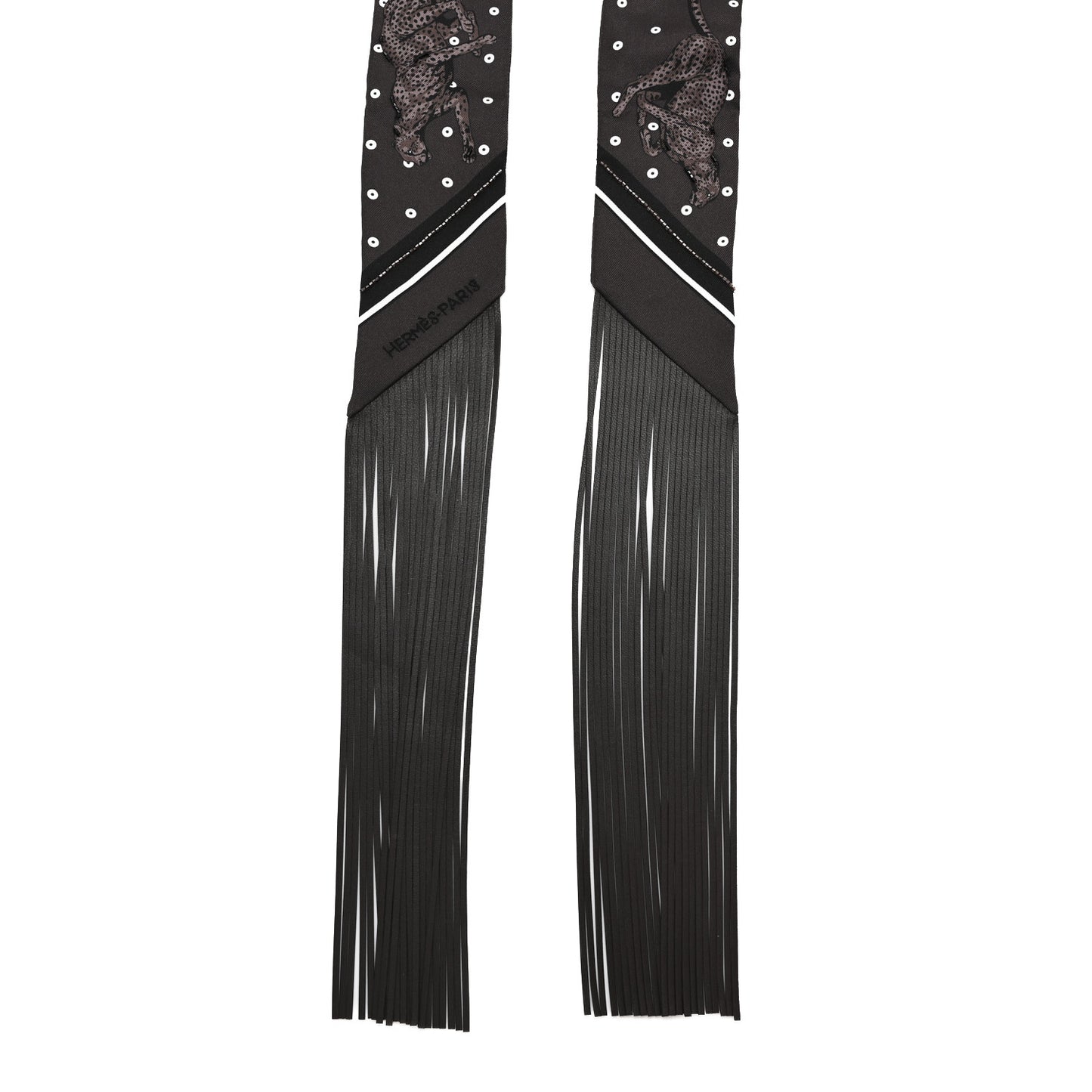 Silk Beaded Guepard Bandana Fringed Twilly Cacao Etoupe White